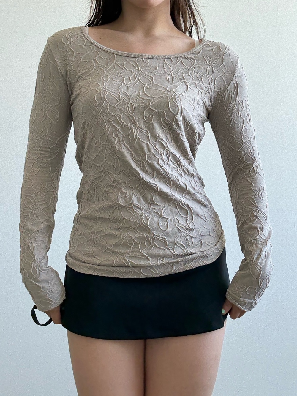 Expressions Light Taupe Textured Long-Sleeve Scoop Neck Top